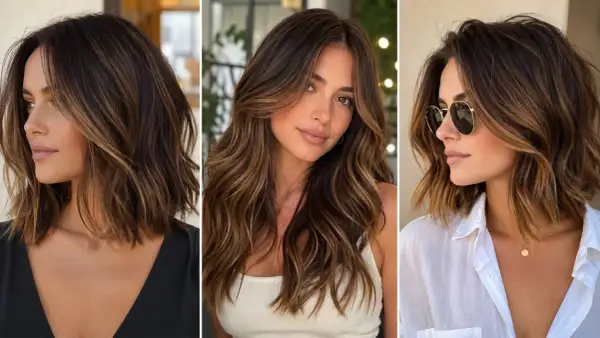 Trzy brunetki prezentują różne fryzury z subtelnymi refleksami.