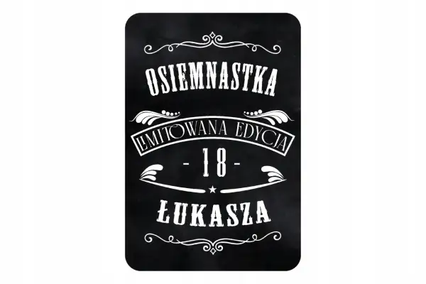 Czarna naklejka z napisem "Osiemnastka", "Limitowana Edycja", "18" i "Łukasza". Idealna na 18 urodziny!