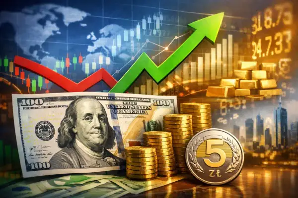 W tle wykresy giełdowe i mapa świata. Na pierwszym planie dolar, stosy złotych monet i polska moneta 5 zł. Prognoza USD PLN wskazuje na wzrost.