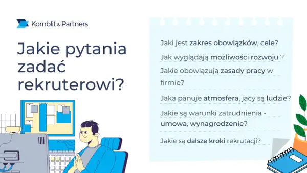 Ilustracja pokazuje, jakie pytania zadać rekruterowi, aby dowiedzieć się o obowiązkach, rozwoju, atmosferze i warunkach zatrudnienia.