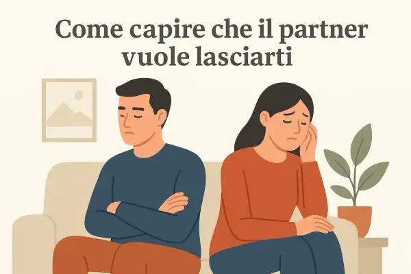 Coppia seduta sul divano, distanti, con espressioni tristi. Lei si tiene la testa, lui ha le braccia conserte. "Non so se lasciare il mio ragazzo" è il pensiero che aleggia.