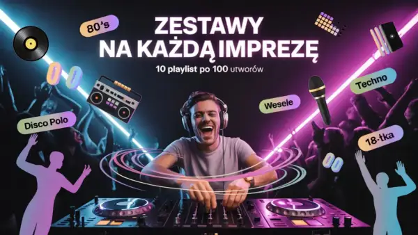 DJ miksuje najlepszą muzykę elektroniczną na imprezę. W tle tańczący ludzie i neony.