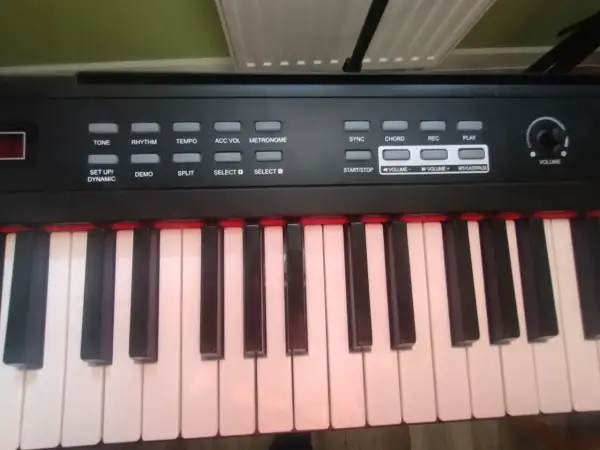 Czarno-białe klawisze cyfrowego pianina. Zastanawiasz się, ile klawiszy ma pianino? Ten model ma ich 61.