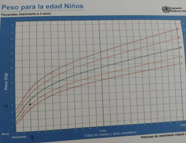 Gráfica de peso para la edad de niños. Muestra cómo saber cuanto mide un niño de 2 años y su peso ideal.