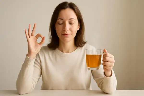 Donna con gli occhi chiusi tiene una tazza di tè e fa il gesto "ok", suggerendo sollievo per il reflusso gastroesofageo rimedi.