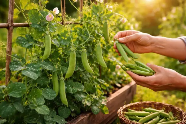 Hände ernten frische Erbsen von Pflanzen. Ein Korb voller Erbsen steht bereit.