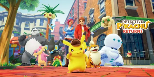 Pikachu i jego przyjaciele w grze detektyw pikachu 2 przemierzają miasto. W tle logo gry.