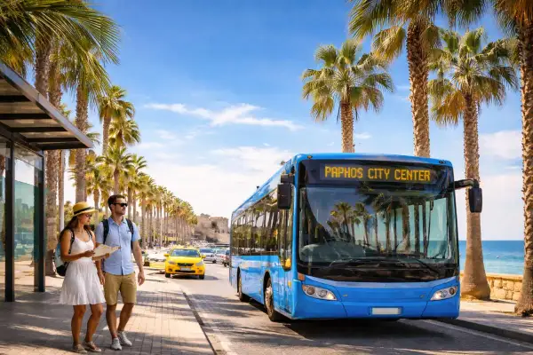 Para turystów na Cyprze czeka niebieski autobus miejski. Komunikacja miejska w Paphos ułatwia zwiedzanie.