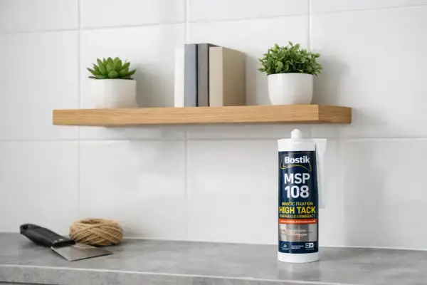 Tube de mastic Bostik MSP 108, idéal pour coller du métal. Une spatule et de la ficelle sont à proximité.