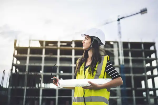 Junge Frau mit Helm und Warnweste auf Baustelle, hält Baupläne. Sie verfolgt ihren Weg im Bauingenieurwesen berufsbegleitend.