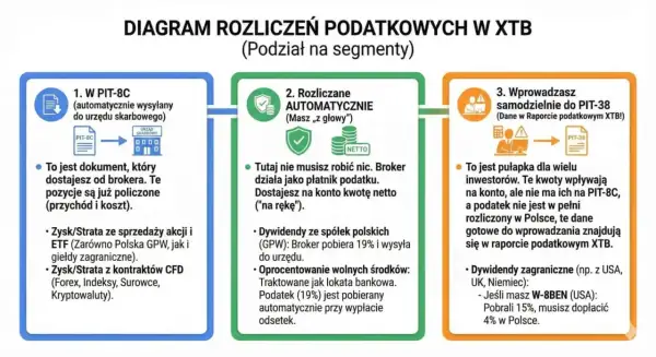Diagram pokazuje, czy XTB wystawia PIT. Rozliczenia są automatyczne lub wymagają samodzielnego wprowadzenia danych do PIT-38.