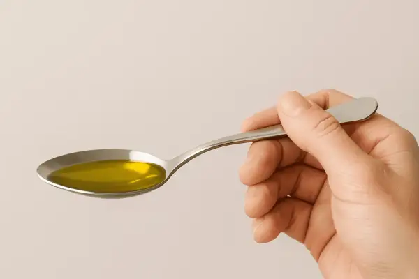 Una cuchara sostiene aceite de oliva dorado, un alimento que contiene vitamina D.