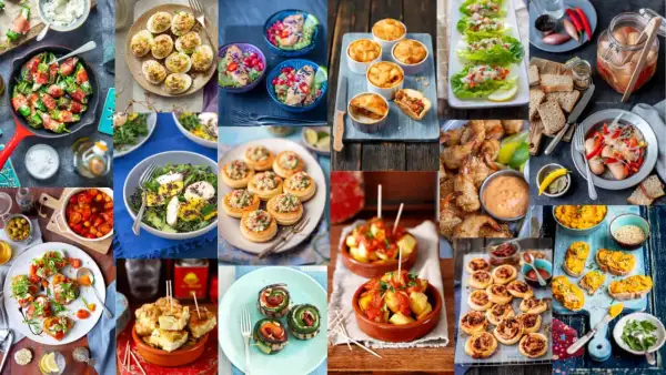 Kolorowe przekąski na urodziny: faszerowane papryczki, jajka faszerowane, tartaletki, krewetki, mini quiche, sałatki i wiele innych pyszności.