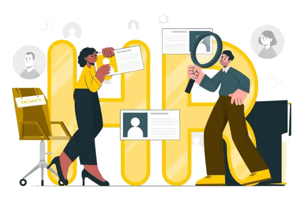 Persone esaminano curriculum per hr recruitment. Una sedia con cartello "Vacancy" è visibile.