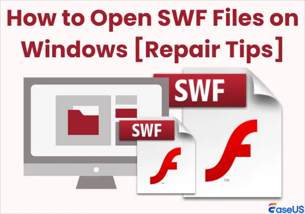 Learn how to open SWF files on Windows. This image shows SWF file icons and a computer screen, illustrating what is an SWF file and how to access it.