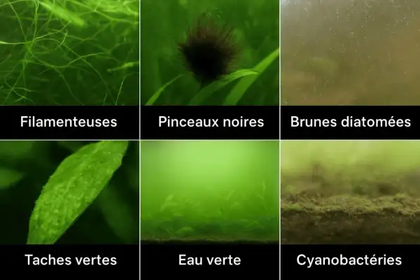 Aperçu de la liste des algues d'eau douce : filamenteuses, pinceaux noirs, brunes diatomées, taches vertes, eau verte et cyanobactéries.