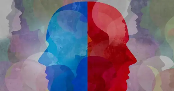 Stylizowana grafika przedstawiająca profile ludzkich głów w odcieniach czerwieni i błękitu, symbolizująca złożoność umysłu i potrzebę wsparcia w leczeniu mitomanii.