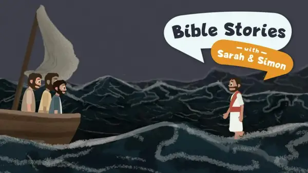 Jezus chodzi po wodzie, a uczniowie patrzą z łodzi. Opowieść z Biblii z Sarą i Szymonem.