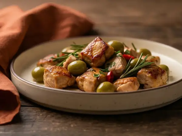 Delizioso spezzatino di pollo con olive verdi, rosmarino e peperoncino su un piatto rustico.