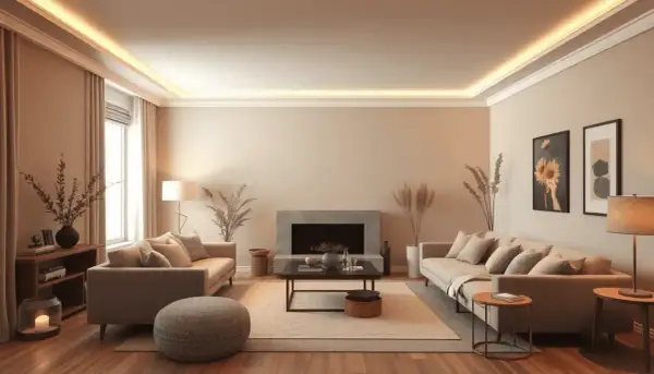 Salon cosy aux tons taupe et beige. Des canapés confortables, une cheminée moderne et des touches végétales créent une ambiance chaleureuse. Quelle couleur avec du taupe ? Le beige, le crème, et les tons terreux s'harmonisent parfaitement.