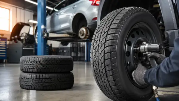 Werkstatt: Reifen werden montiert, ein Auto auf Hebebühne. Informiere dich über den reifen auswuchten preis für deine Sicherheit.