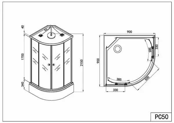 Rysunek techniczny kabiny prysznicowej z widokiem z boku i z góry. Podane są wymiary: 900x900 mm, wysokość 2150 mm.