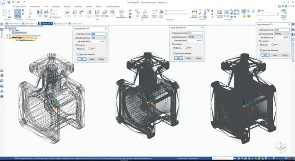 Eksport modelu 3D do formatu STL w programie Solid Edge. Widoczne okno dialogowe "Opcje eksportu STL" z ustawieniami tolerancji i jednostek, a także podgląd siatki modelu. To jest plik dwg.
