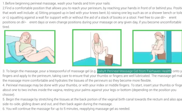 Gravid kvinna förbereder sig för perineal massage i olika positioner: liggande, stående med benet upphöjt, sittande.