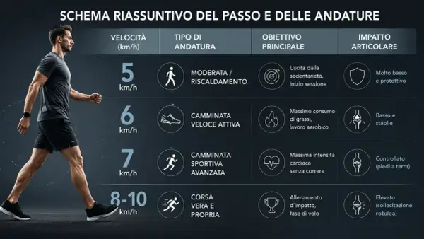 Schema su come si cammina a diverse velocità: da riscaldamento a corsa, con impatto articolare variabile.