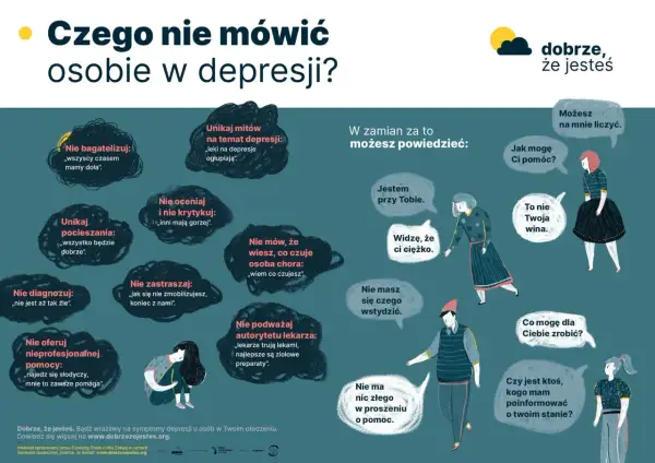 Unikaj stwierdzeń typu "wszyscy czasem mamy doła", bo to nie oddaje pierwszych objawów depresji. Zamiast tego, powiedz "Jestem przy Tobie".