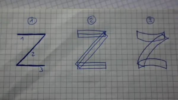 Schritt-für-Schritt-Anleitung zum Zeichnen des Buchstabens Z in drei Varianten auf kariertem Papier.