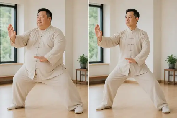 Uomo prima e dopo aver praticato tai chi per dimagrire. La pratica costante porta a un fisico più snello e tonico.
