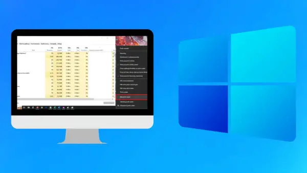 Menedżer zadań skrót. Widok paska zadań Windows z otwartym menu kontekstowym, gdzie zaznaczono "Menedżer zadań".