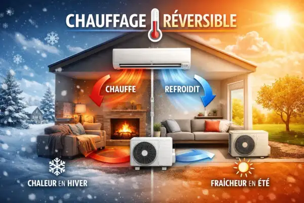 Une maison divisée : d'un côté, le chauffage réversible réchauffe un salon cosy en hiver. De l'autre, il rafraîchit en été.