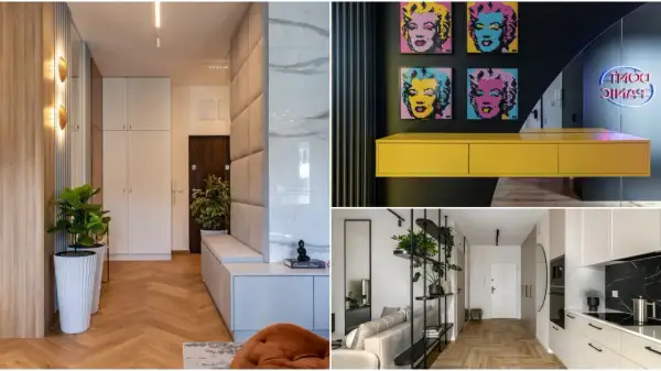 Przedpokój loft inspiracje: nowoczesne wnętrza z drewnianą podłogą, sztukaterią i designerskimi dodatkami.