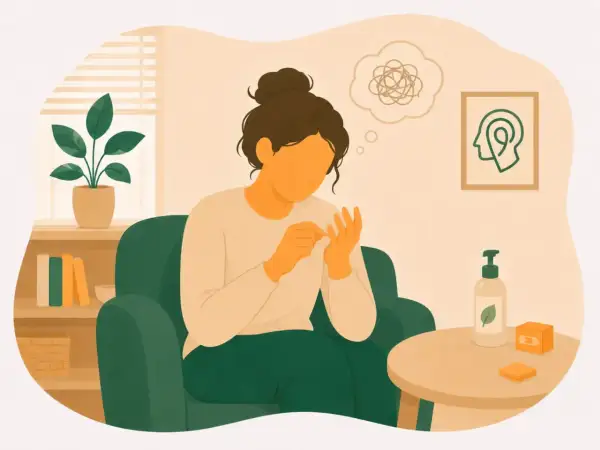 Kvinna med dermatillomani och ADHD sitter och plockar på sina naglar. En tankebubbla visar förvirring.