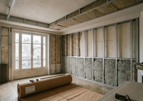 Travaux en cours pour isoler phoniquement cette pièce. Des ossatures métalliques sont installées sur les murs et le plafond, prêtes à accueillir l'isolant. Un rouleau de liège est au sol.