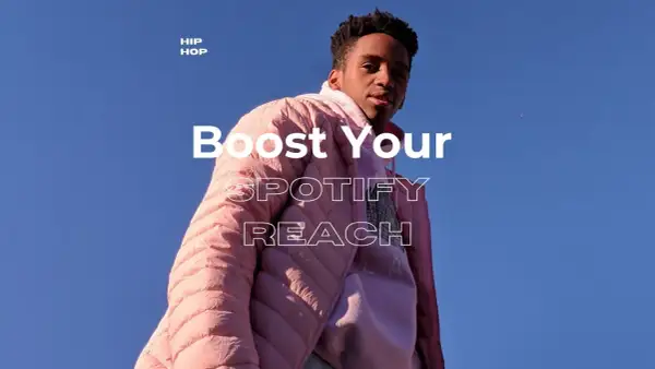 A young man in a pink puffer jacket looks up, text reads "Boost Your SPOTIFY REACH." Discover curated playlists to amplify your music.