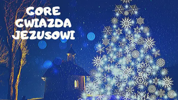 Gore gwiazda Jezusowi. Nocna panorama z kościołem, drzewami i choinką z płatków śniegu.