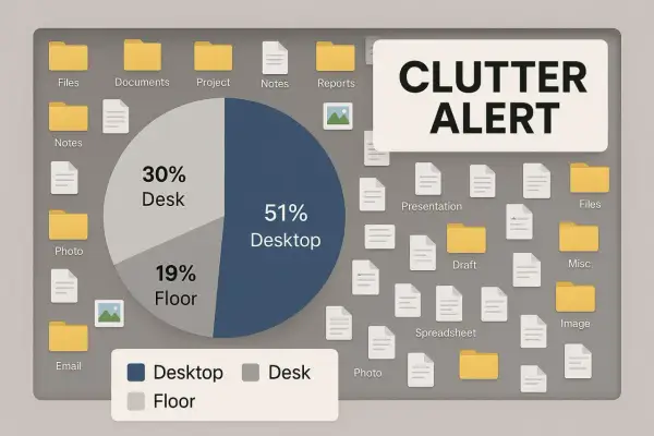 A pie chart shows 51% Desktop, 30% Desk, and 19% Floor, illustrating poor digital file management.