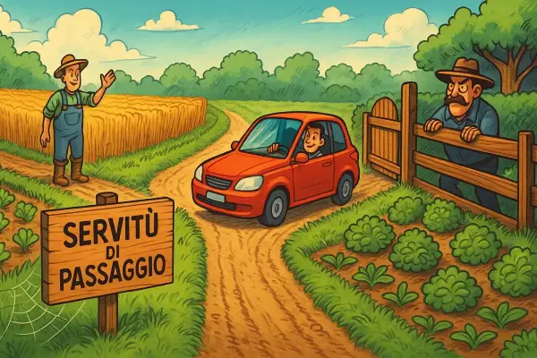 Un contadino saluta un'auto su una strada di campagna. Un cartello indica "Servitù di passaggio", mentre un altro contadino osserva da una staccionata.