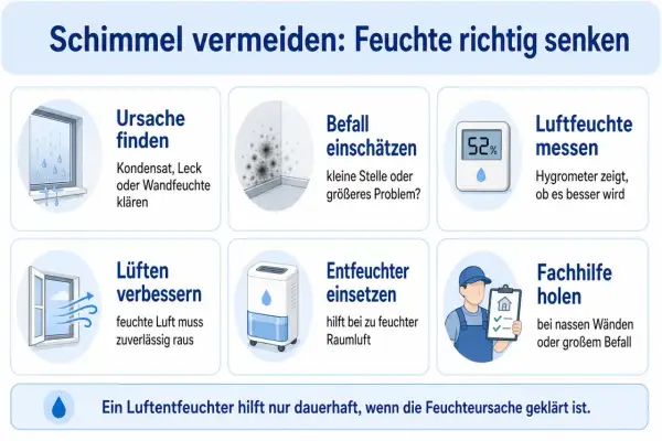 Schimmel vermeiden: Ursachen finden, Befall einschätzen, Luftfeuchtigkeit messen & senken. Ein Luftentfeuchter hilft bei zu feuchter Raumluft.