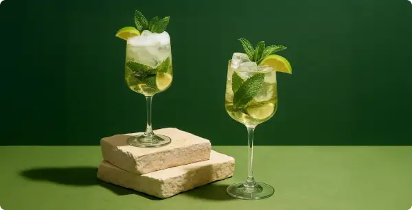 Orzeźwiający drink z sokiem z czarnego bzu, miętą i limonką, podany w kieliszkach na tle zieleni.