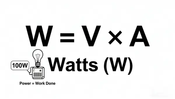 W = V x A. Jednostka mocy to waty (W). Obrazek pokazuje żarówkę 100W.