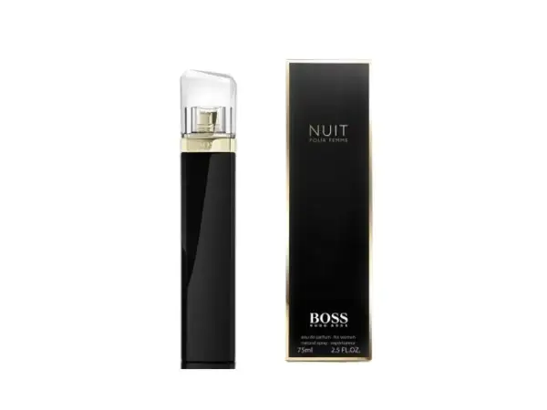 Elegancka, czarna perfumetka Hugo Boss Nuit Pour Femme z złotymi detalami i przezroczystą nakrętką. Obok stoi jej opakowanie.