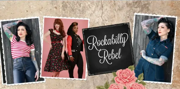 Tre kvinnor i rockabillystil. En bär en randig tröja och jeans, en annan en klänning med körsbärsmönster, och den tredje en rockabilly jacka med röda ärmar.