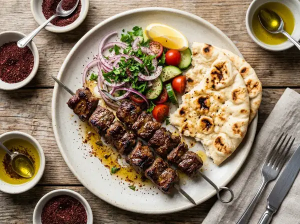 Kebab z grilla z sałatką, pitą i oliwą.