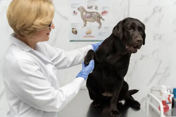 Weterynarz bada łapę czekoladowego labradora. Pies wygląda na zaniepokojonego, jakby bał się, że dostanie zastrzyk zamiast czekolady dla psa.