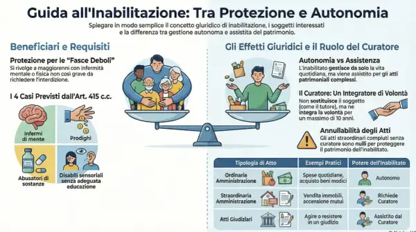 Guida all'inabilitazione: differenza tra interdizione, inabilitazione e amministratore di sostegno. Illustra beneficiari, requisiti e effetti giuridici.