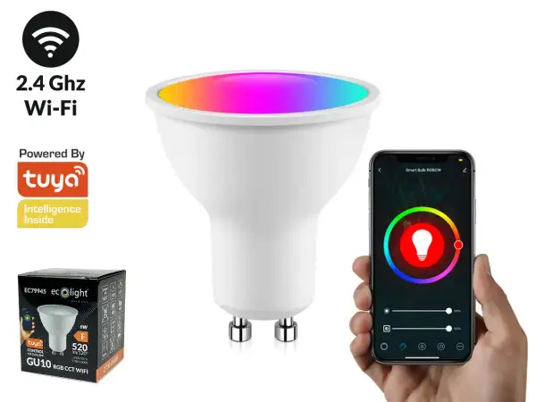 Inteligentna żarówka GU10 RGB zasilana przez Tuya, sterowana przez Wi-Fi. Kolorowe światło i aplikacja na smartfonie.